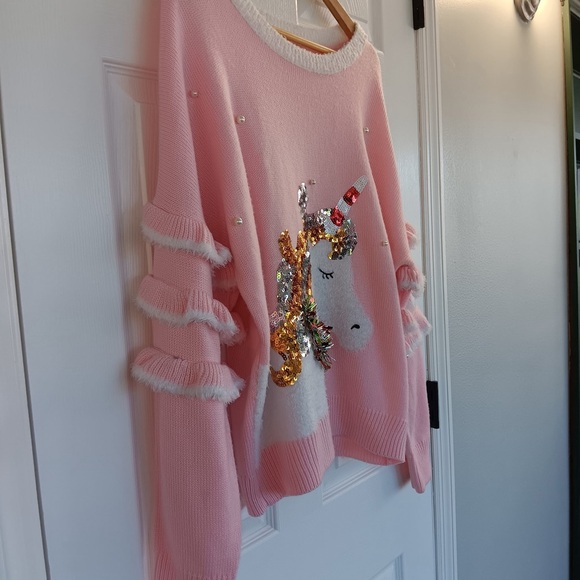 Holiday Time Pink Sweater with Sequin Unicorn - Picture 2 of 5